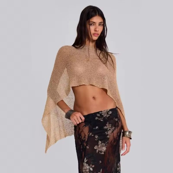 Women's Golden Knitted Hollow One-Piece Crop Top - Image 3