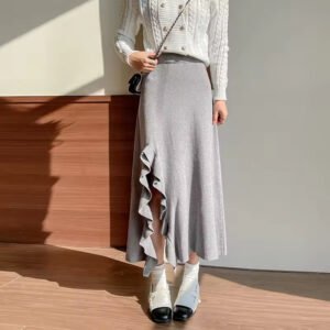 Women's High Waist Knit Skirt with Weaving Side Split