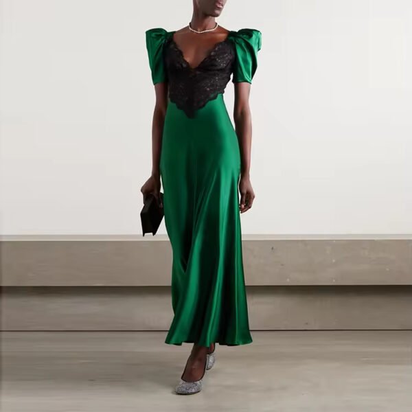 Green v Neck Short Sleeve Lace Satin Elegant Casual Party Dresses Women - Image 2