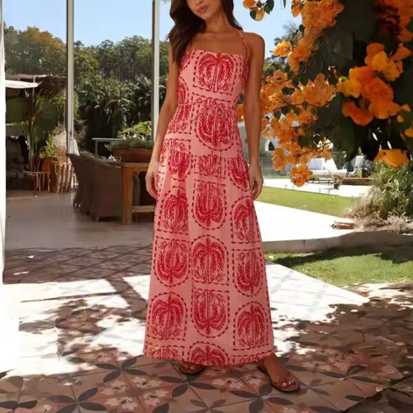 Sleeveless Printed Red Backless Hawaiian Style Halter Maxi Dress with Belt - Image 2