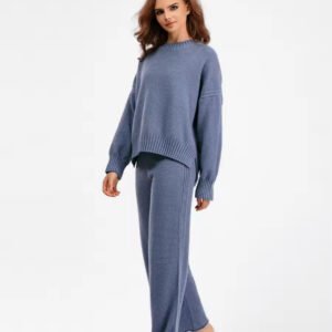 Casual Fashion Knitted Suits Women O Neck Solid Color Wide Leg Pant Sweater Suits