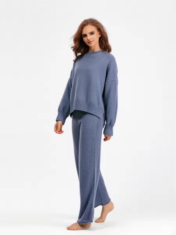 Casual Fashion Knitted Suits Women O Neck Solid Color Wide Leg Pant Sweater Suits