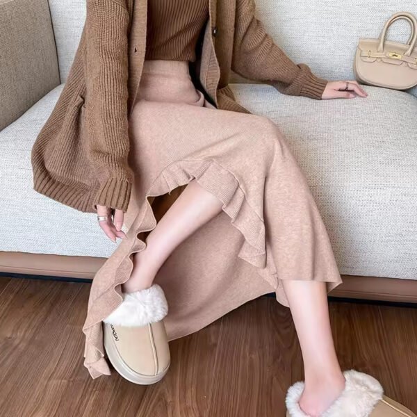 Women's High Waist Knit Skirt with Weaving Side Split - Image 2