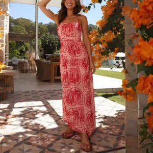 Sleeveless Printed Red Backless Hawaiian Style Halter Maxi Dress with Belt
