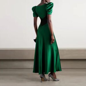 Green v Neck Short Sleeve Lace Satin Elegant Casual Party Dresses Women